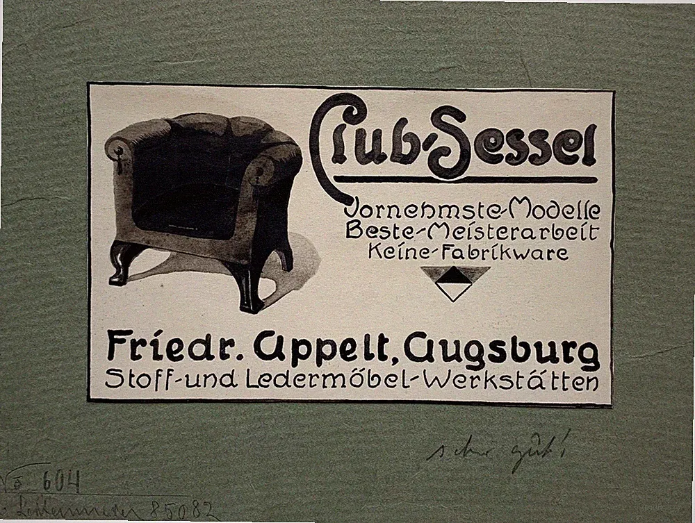 Aquarell Werbung Reklame Entwurf Clubsessel Art-Deco Möbel Augsburg Werkstatt