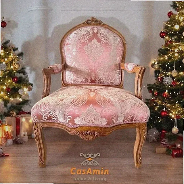 Armchair Retro French Char Handmade Baroque Chair in Pink Damask for Living Room