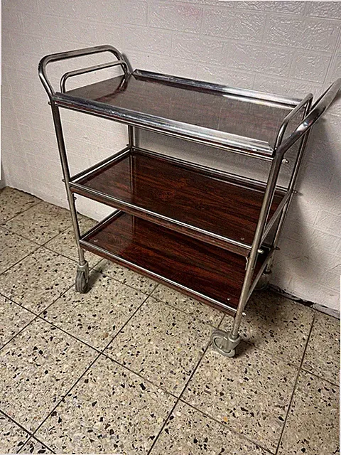 Art Deco Bauhaus Barwagen Beistelltisch, Servierwagen Chrom Palisander 1960 Tee