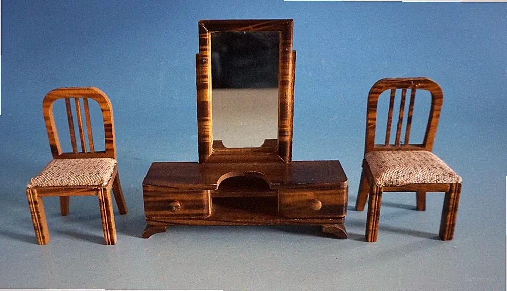 Art Deco Puppenstube Möbel Spiegelkommode Kommode und 2 Stühle Holz (F025-1805)