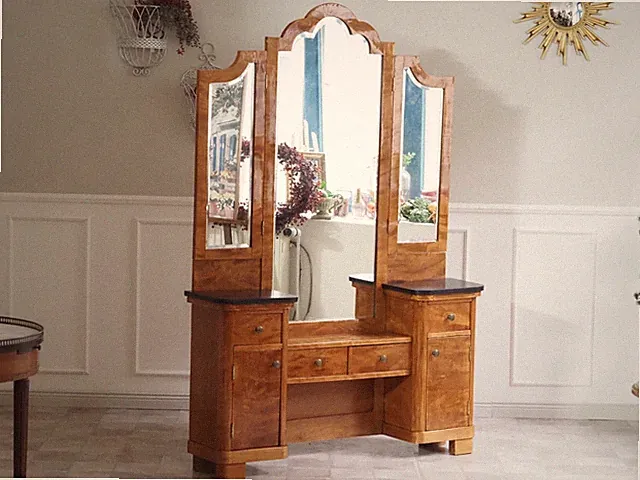 Art Deco Schminkkommode Birke Frisiertisch Triptychonspiegel um 1930 antik