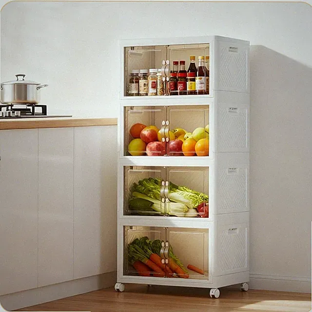 Aufbewahrungsbox Badschrank Küchenregal Faltbar Stapelbar mit Tür Rollen Weiß DE