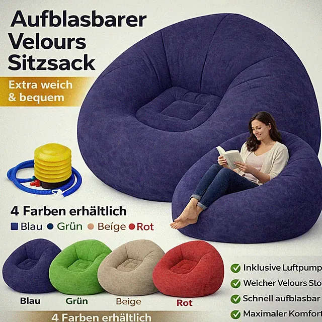 Aufblasbarer Sitzsack Velours – Bequemer Loungesessel Sitzpuff mit Pumpe