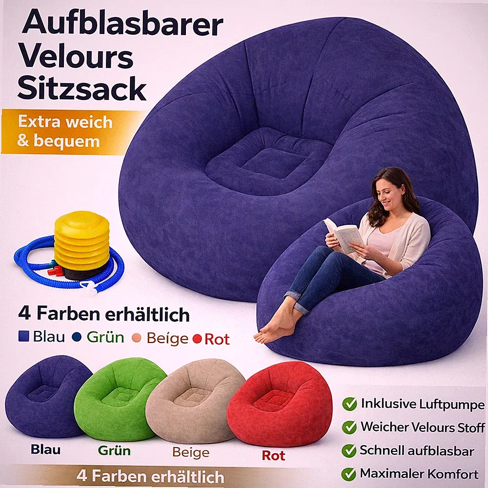 Aufblasbarer Sitzsack Velours – Bequemer Loungesessel Sitzpuff mit Pumpe