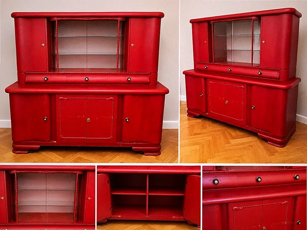 Außergewöhnlicher Vintage-Buffetschrank / Vitrine – Bordeauxrot – 180 cm