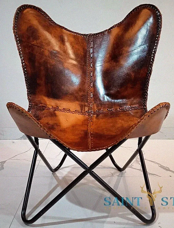 Authentischer Leder Schmetterlingsstuhl Handgemacht Vintage Akzentmöbel