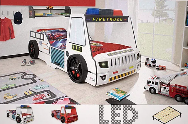 Autobett Kinder 90x200 cm Feuerwehr Kinderbett "Firetruck" LED-Licht Lattenrost