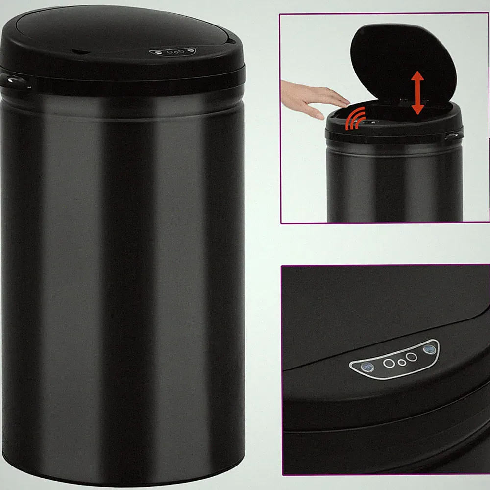 Automatik Sensor Mülleimer 40L Schwarz Kohlenstoffstahl ABS 30,5x67,5cm LED Freisprecheinrichtung