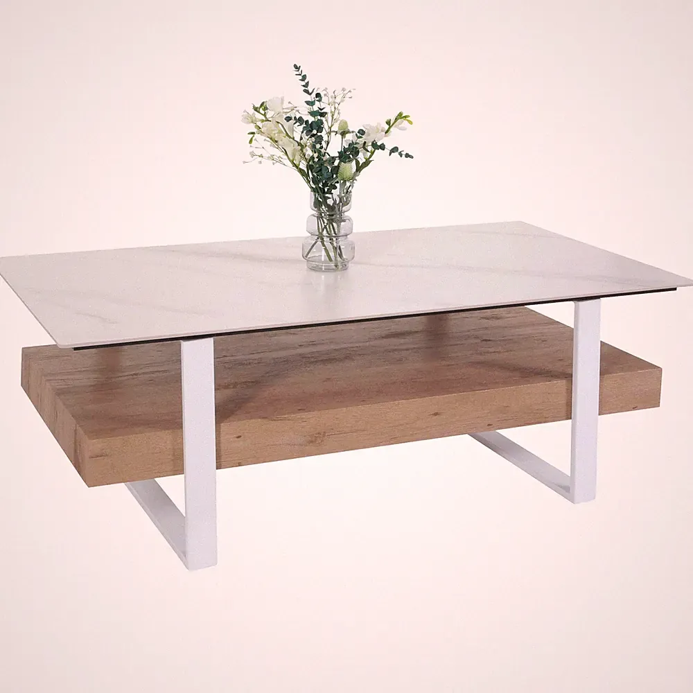 B-Ware Couchtisch MCW-L88, 43x120x60cm Sinterstein Marmor-Optik weiß Holz natur