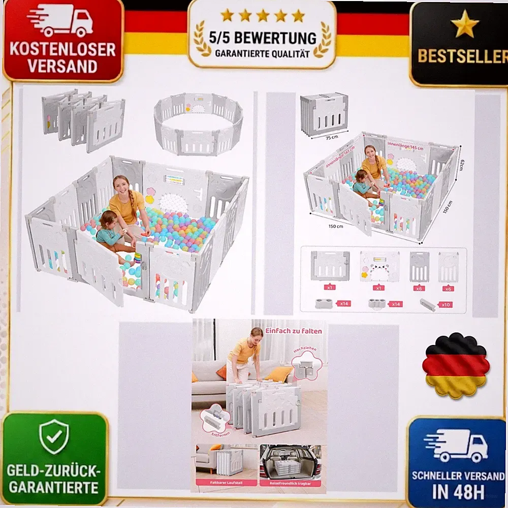 Baby Laufgitter faltbar 14 Paneele 150x150 cm Grau Weiß Dripex