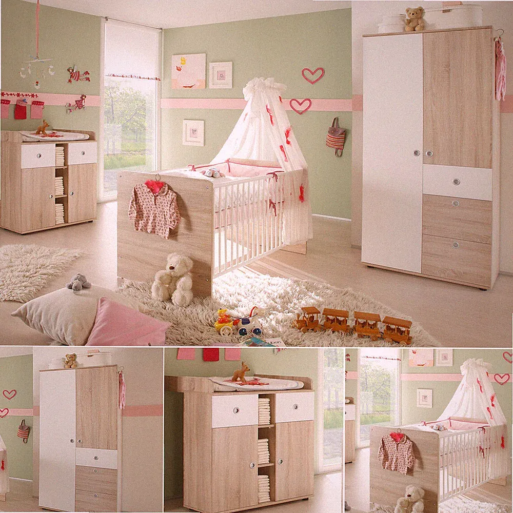 Babyzimmer 3-tlg Set Wiki Babybett Wickelkommode Schrank Sonoma Eiche sägerau