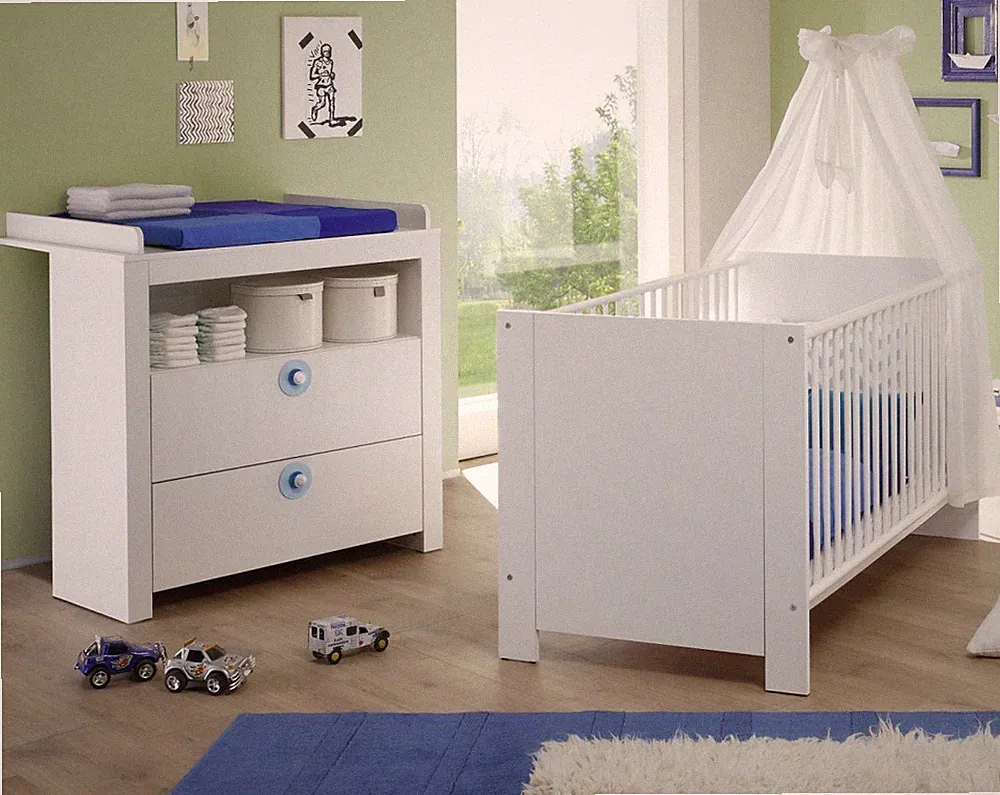 Babyzimmer Babymöbel weiß und blau komplett Set 2- teilig Kinderzimmer Olivia