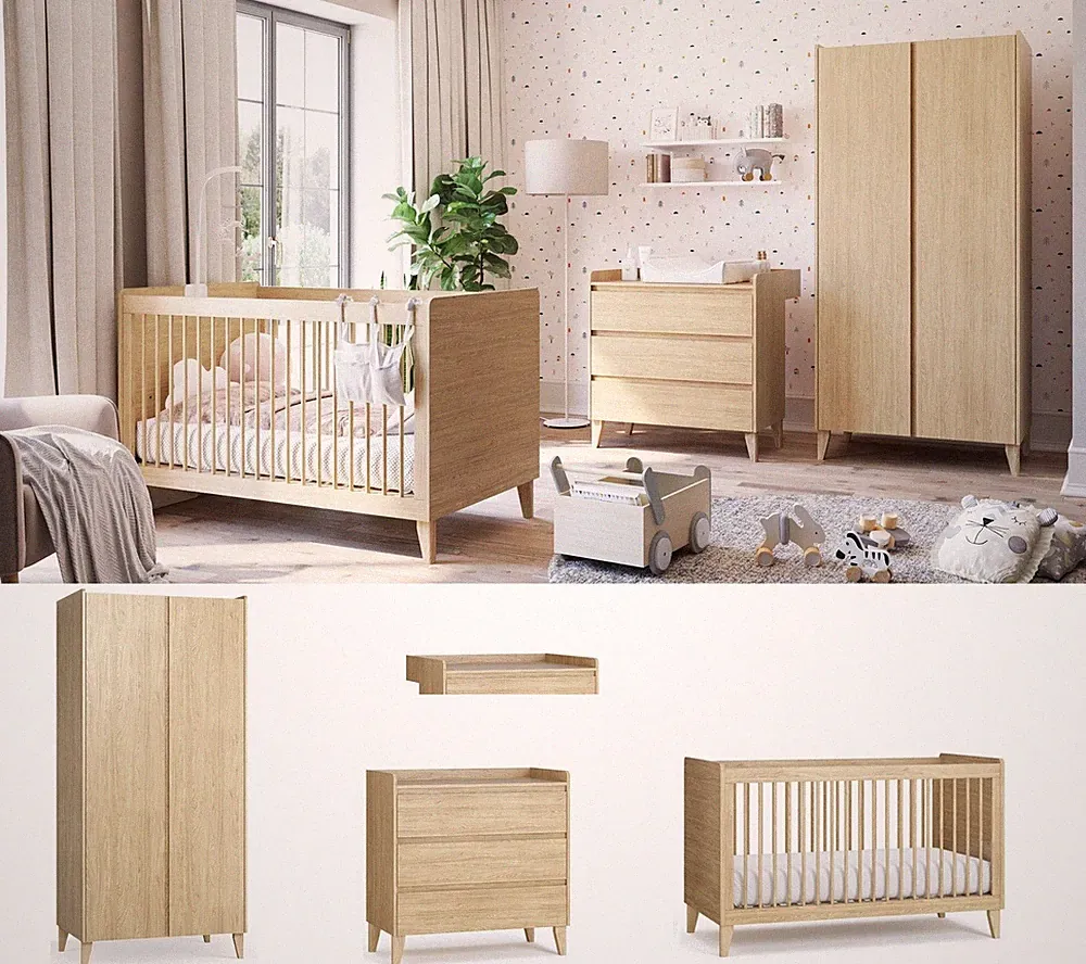 Babyzimmer Kinderzimmer komplett MAYA Set A Schrank Kommode Bett eiche geölt