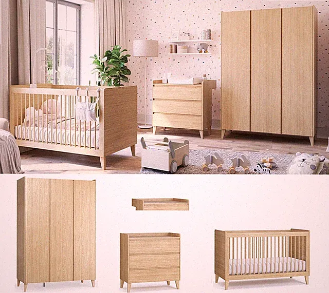 Babyzimmer Kinderzimmer komplett MAYA Set B Schrank 3T Kommode Bett eiche geölt