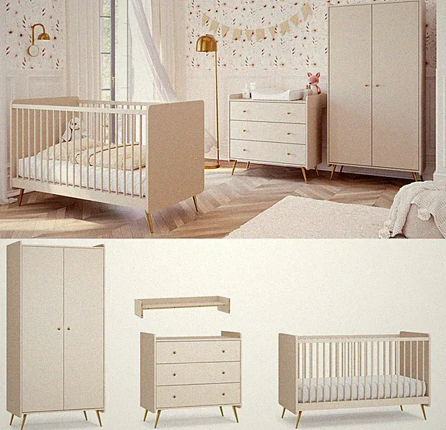 Babyzimmer Kinderzimmer komplett Set LIEN sandbeige Schrank Wickelkommode Bett