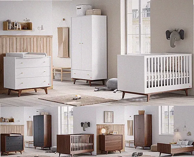 Babyzimmer Kinderzimmer komplett Set MADDY weiß wallnuss Schrank Kommode Bett