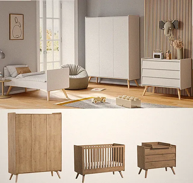Babyzimmer Kinderzimmer komplett VIENNA Set B Schrank 3T Kommode Bett weiß eiche