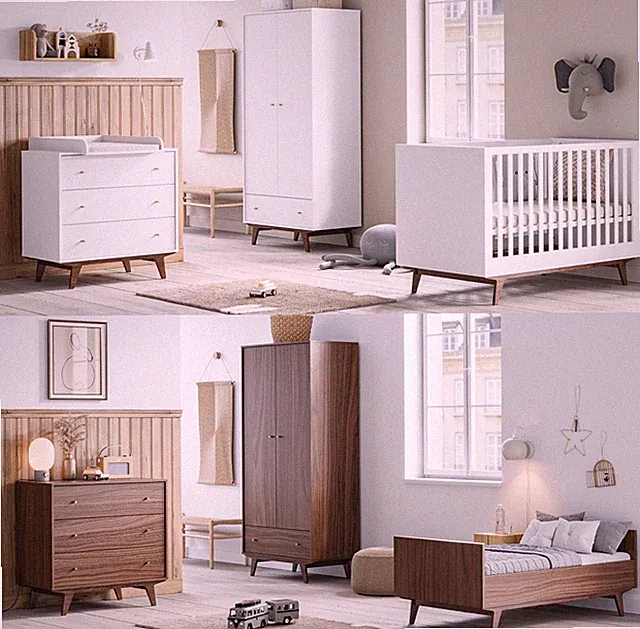 Babyzimmer Kinderzimmer Komplettset MADDY weiß wallnuss Schrank Kommode Bett neu