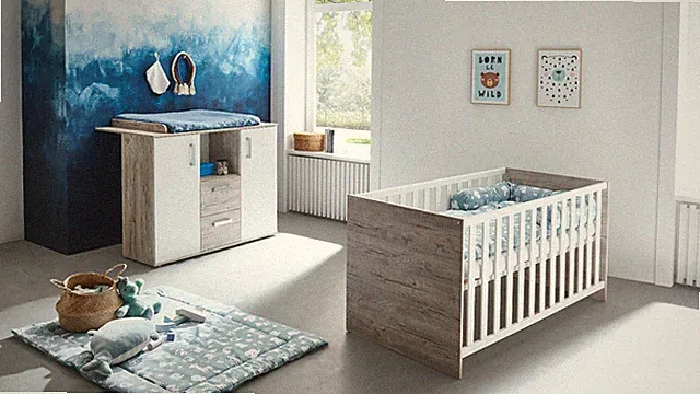BABYZIMMER Set 2-tlg. / Wickelkommode mit abnehmbarem Aufsatz, Babybett 70x140cm