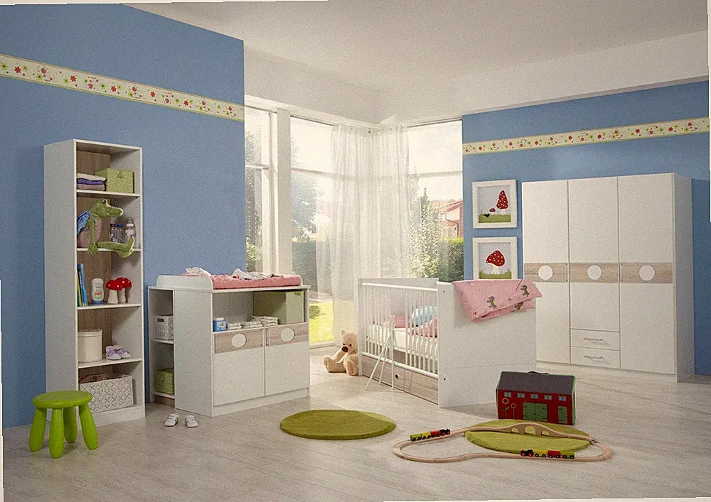 Babyzimmer-Set KIMBA 6tlg Komplett Bett Wickelkommode gr Schrank Regal Eiche-S.