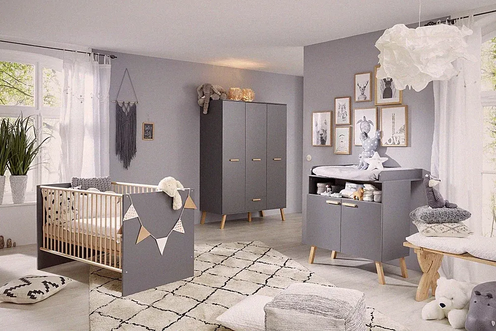Babyzimmer-Set Kinderzimmer Babybett grau Buche massiv 3-teilig skandinanisch
