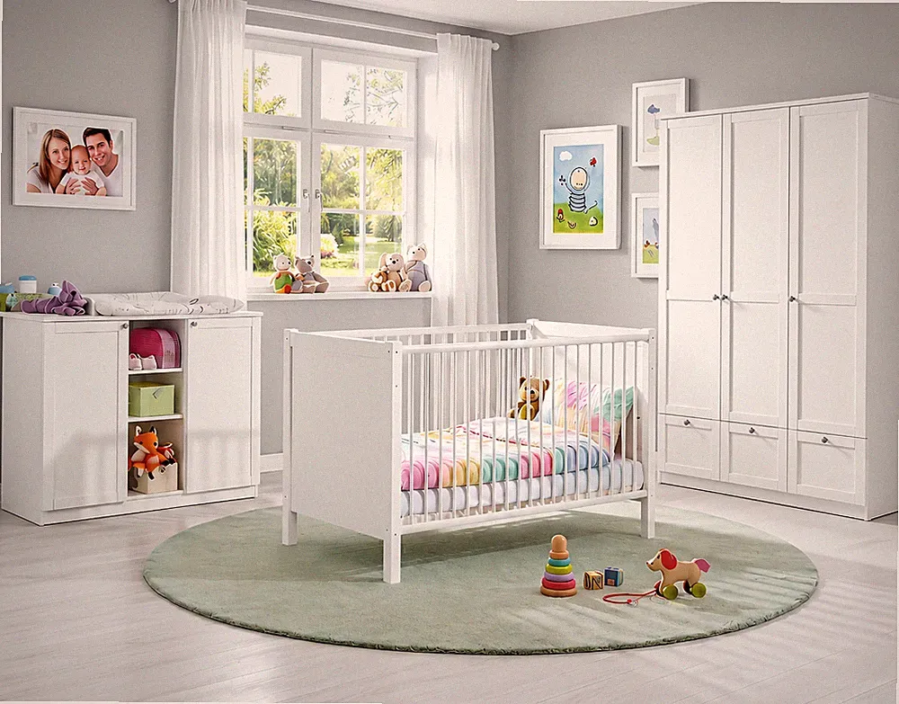 Babyzimmer-Set Kinderzimmer Babybett Wickelkommode Kleiderschrank+Schub.135 Weiß