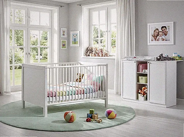Babyzimmer-Set Kinderzimmer Babybett & Wickelkommode, Landhaus Weiß