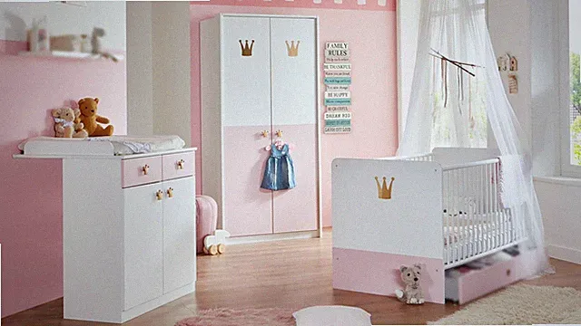 Babyzimmer Set Kinderzimmer Cindy 2 weiß rosé 3-tlg. Schrank Kommode 70x140 cm