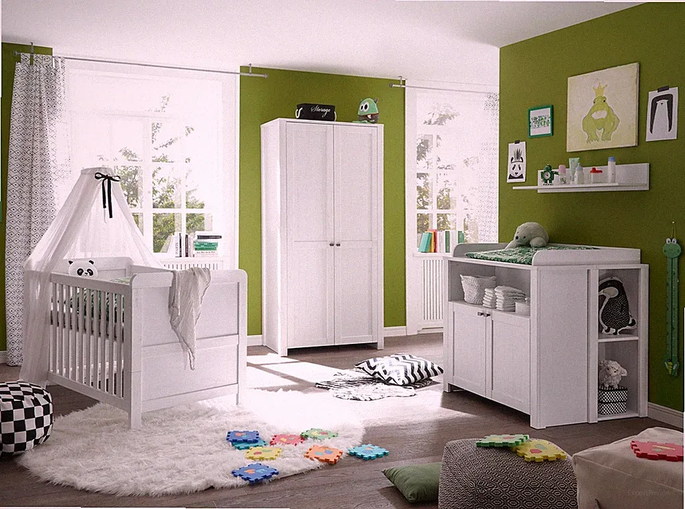 Babyzimmer Set Komplett 4tlg Wickelkommode Bett Regal Schrank 2 Türen Pinie weiß