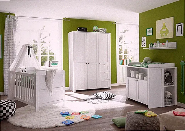 Babyzimmer Set Komplett 4tlg Wickelkommode Bett Regal Schrank 3 Türen Pinie weiß