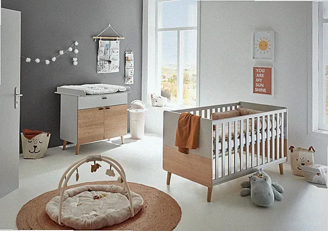 Babyzimmer Set Lovis 2-tlg. Wickelkommode, Babybett, Soft-Close, Lichtgrau/ Oak