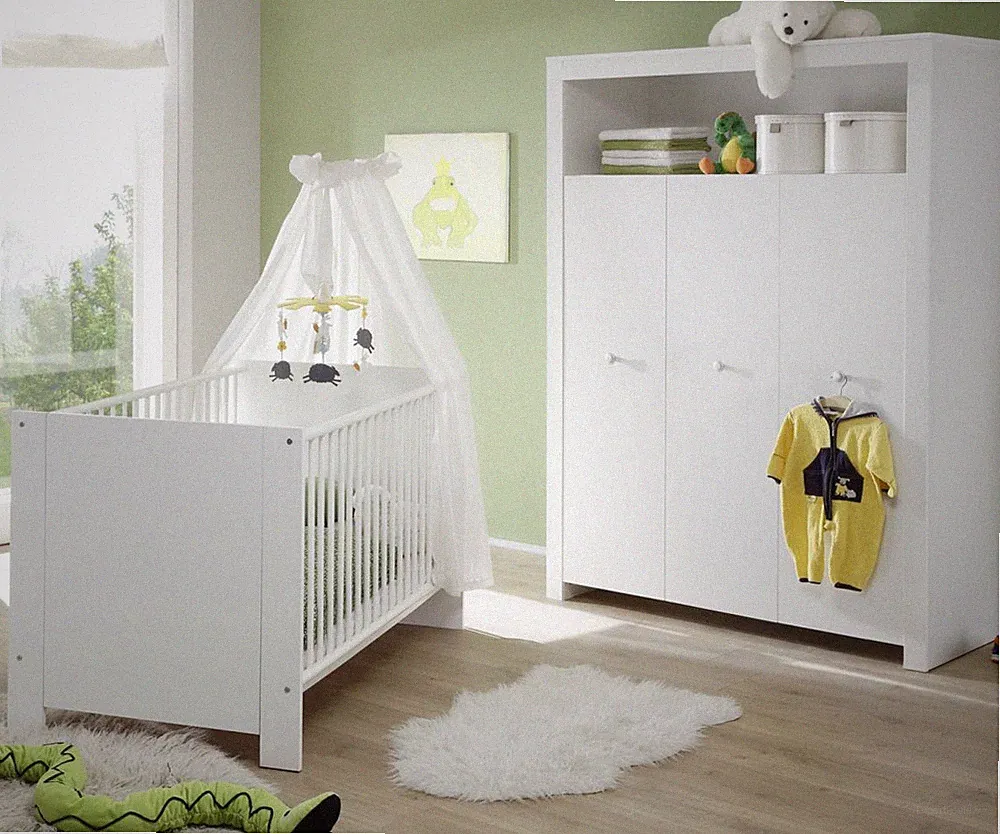 Babyzimmer weiß komplett Set 2 teilig mit Kleiderschrank und Babybett Olivia