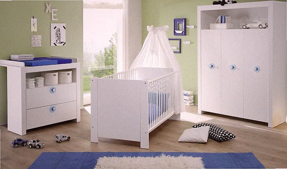 Babyzimmer weiß und blau komplett Set 3-teilig Jungen Mädchen Babymöbel Olivia