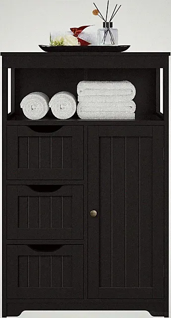 Badezimmer-Bodenschrank mit 3 Schubladen & Tür, offenes Regal, schwarz