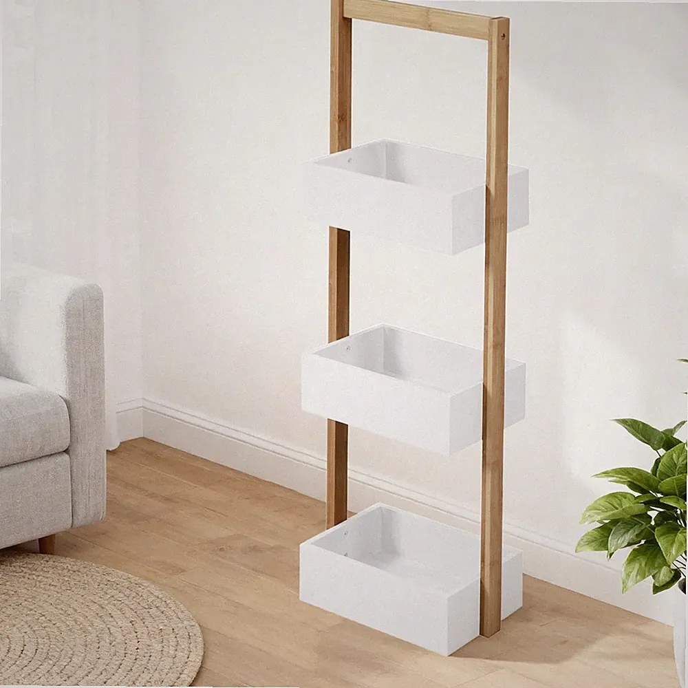 Badezimmer Regal 3 Ebenen Bambus Weiß 28x18x84,5cm Aufbewahrungsschrank Badmöbel