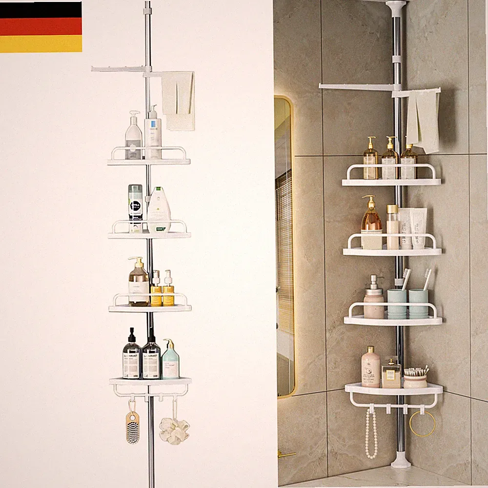 Badezimmer-Regal Edelstahl- Teleskopstange Eckregal mit 4 Ebenen & Handtuchstan~