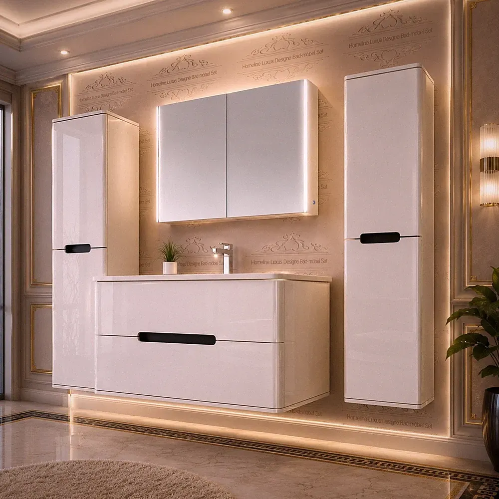 Badezimmermöbel set Badmöbel Hochglanz Spiegelschrank Keramik Weiß LED 90 cm