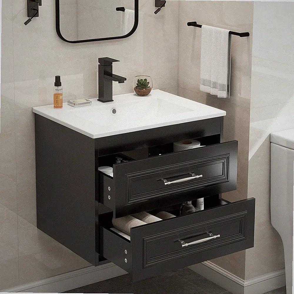 Badezimmermöbel Set Waschbecken mit Unterschrank 60x47x50 cm Wasserhahn Schwarz
