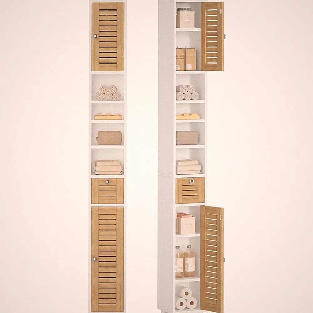 Badezimmerschrank Badezimmer Hochschrank Badmöbel schmal Bambus Stauraum