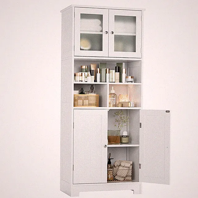 Badezimmerschrank Hoch, Badschrank Hochschrank 3 Fächern und 4 Türen, Weiß