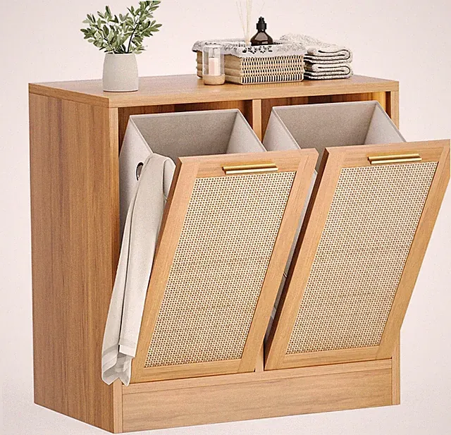 Badezimmerschrank mit Wäschesack Rattan 66x39,5x6