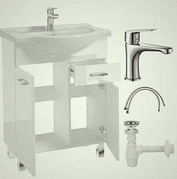 Badezimmerschrank mit Waschbecken auf Beinen 85x55 stehend weiß Mea mit länglich