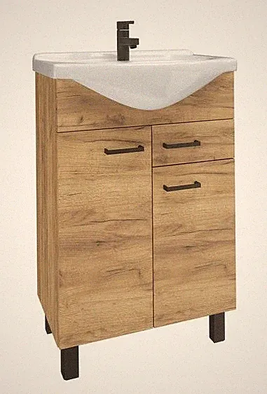 Badezimmerschrank mit Waschbecken, Craft-Eiche, stehend auf Beinen, 55 cm, Mea