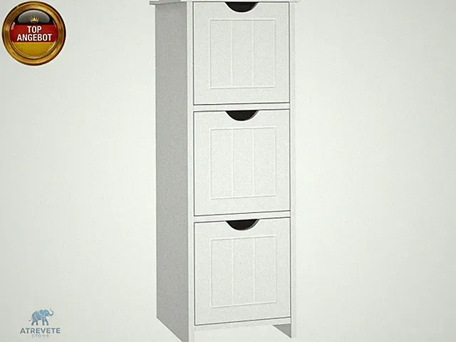 Badezimmerschrank schmal modern, Badkommode mit 3 Schubladen, Hochglanz Weiß