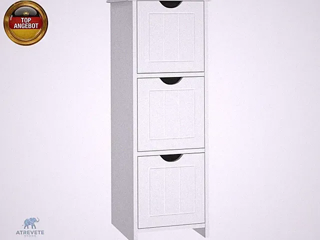 Badezimmerschrank schmal modern, Badkommode mit 3 Schubladen, Hochglanz Weiß