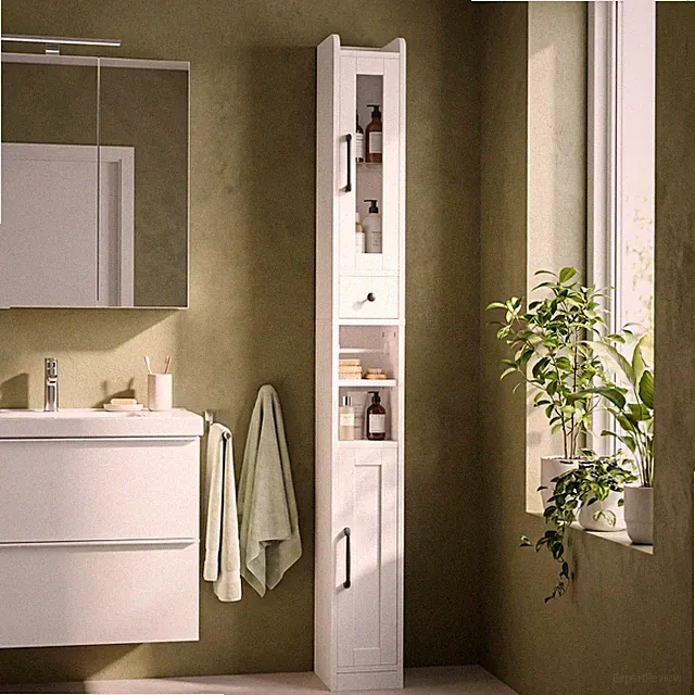 Badezimmerschrank Weiß Schmaler Aufbewahrungsschrank Schublade Ablagen 180 cm