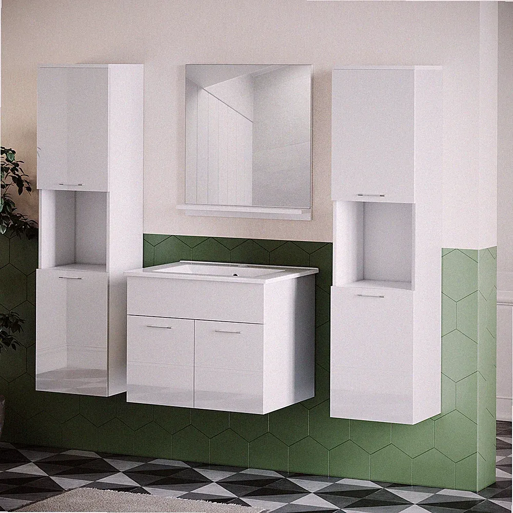 Badmöbel Set Bad Weiß Hochglanz 4-Teilige Badezimmermöbel Weiss Schrank Komplett