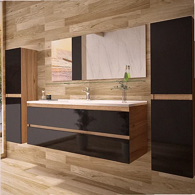 Badmöbel Set Eiche / Schwarz Hochglanz SoftClosingssystem 120 Badezimmer Möbel