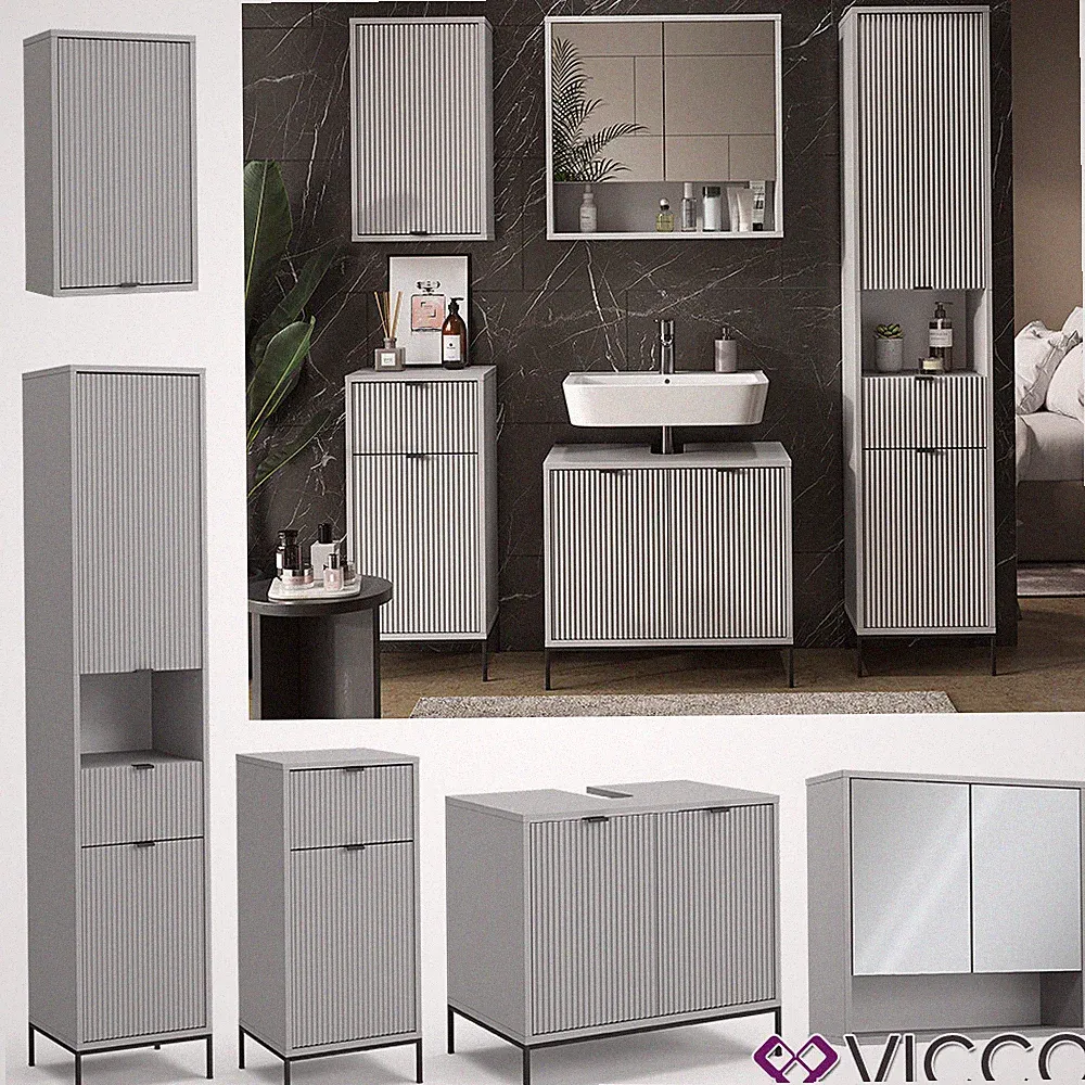 Badmöbel-Set Eliza, Grau, Badezimmer, moderne Badserie, extravagante Front Vicco