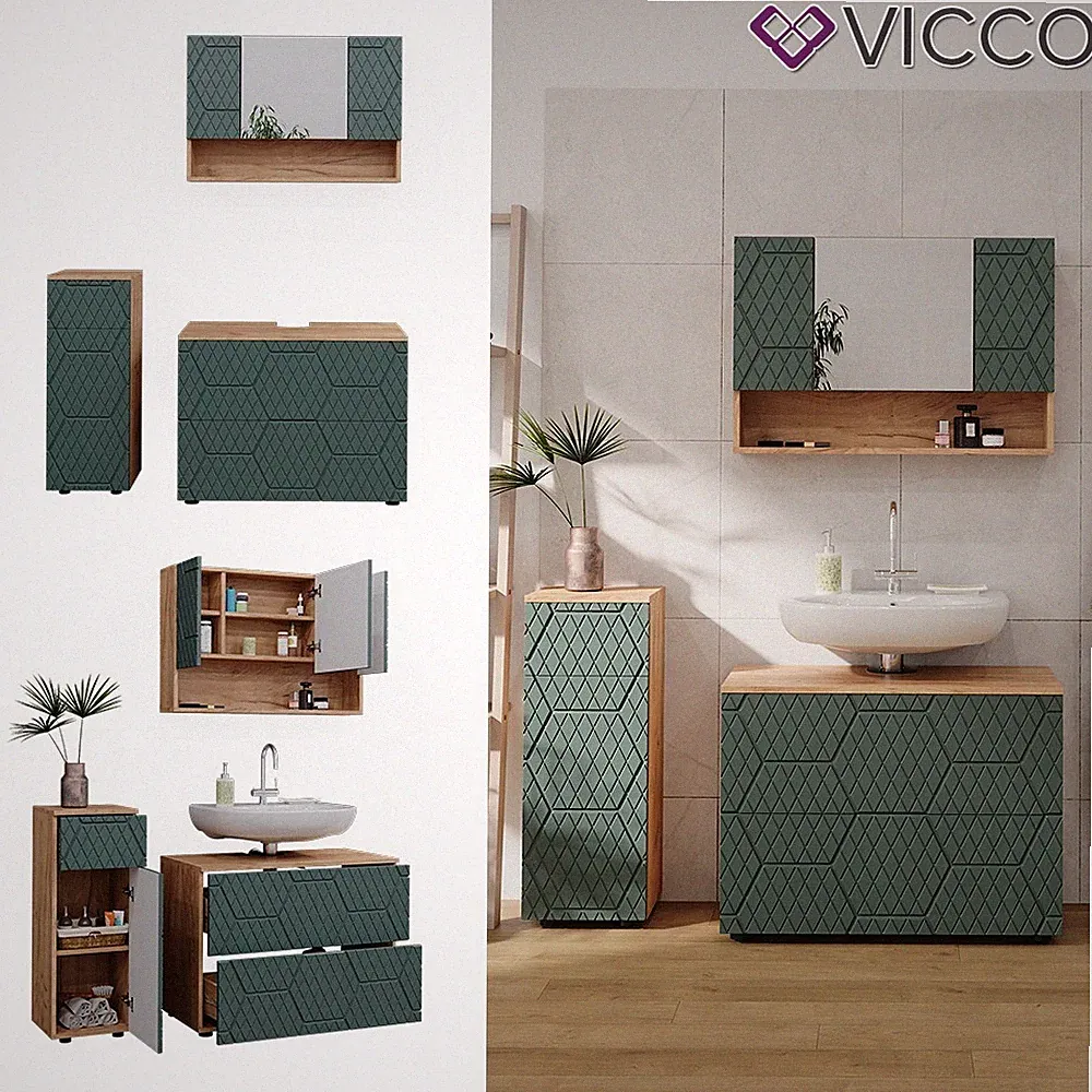 Badmöbel-Set Irma Eiche Grün 3-teilig Midischrank 81 cm Vicco